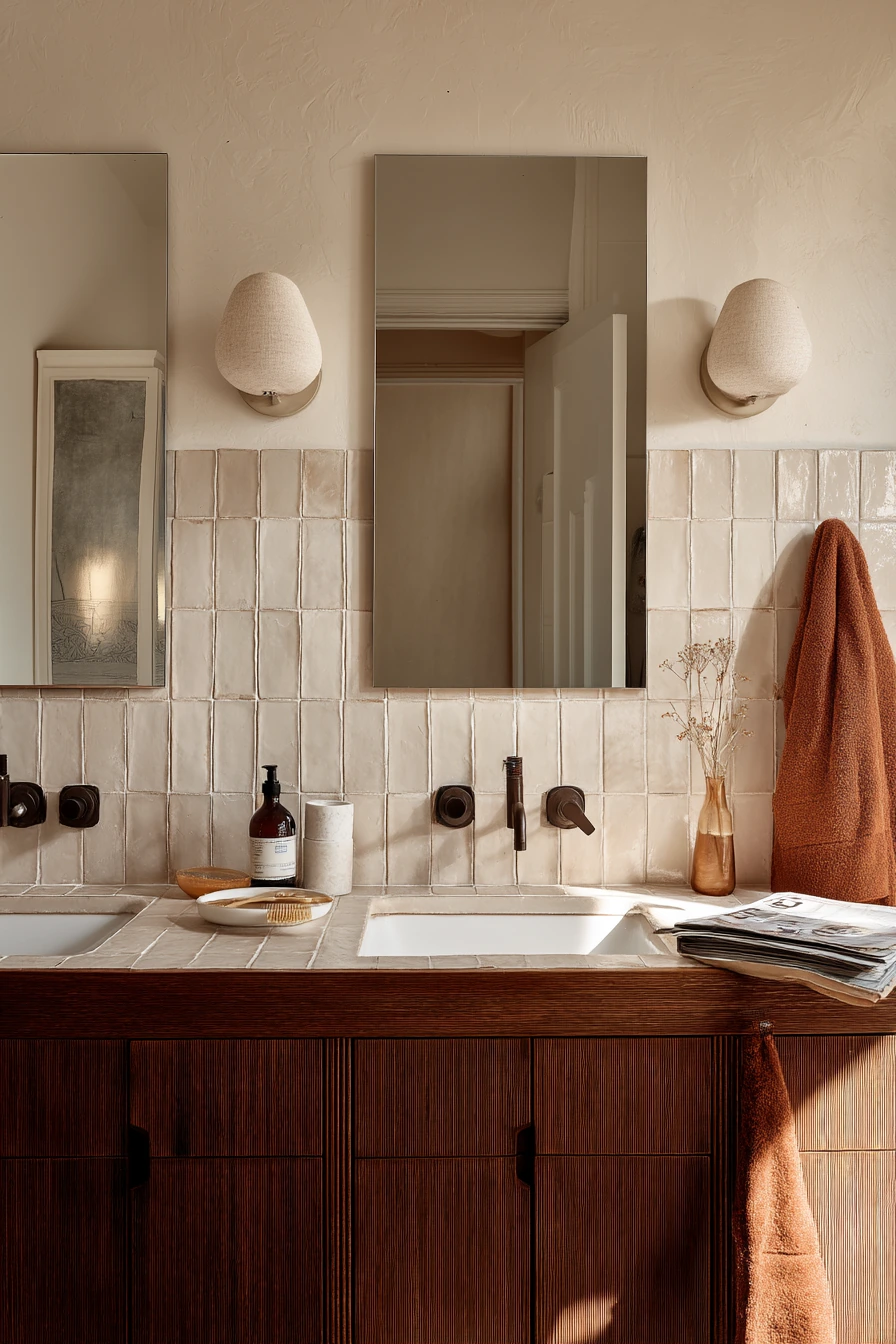 Terracotta Grout Behind a Busy Double Vanity