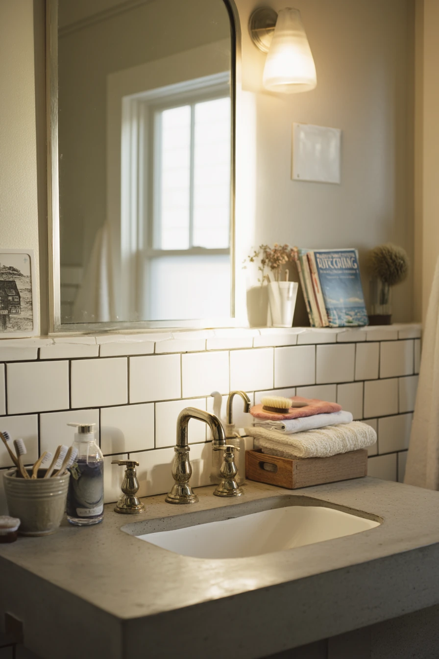 Warm Concrete Bathroom with Everyday Clutter