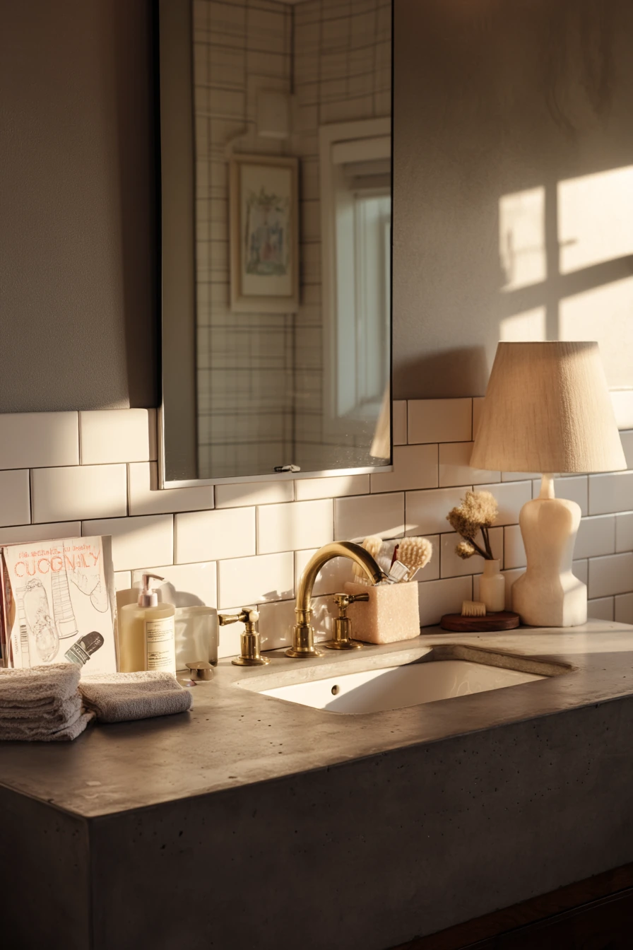 Warm Concrete Bathroom with Everyday Clutter