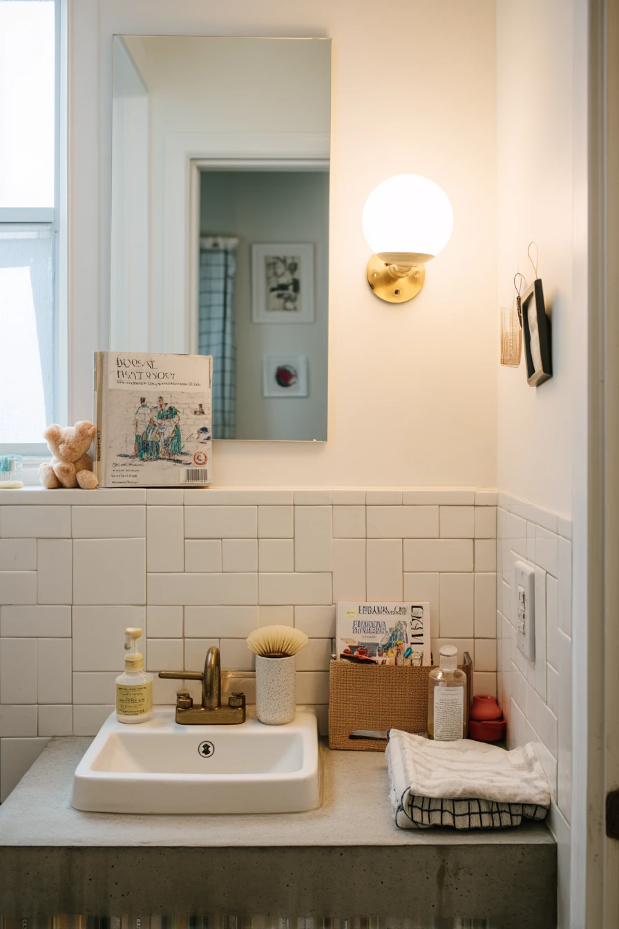 Warm Concrete Bathroom with Everyday Clutter