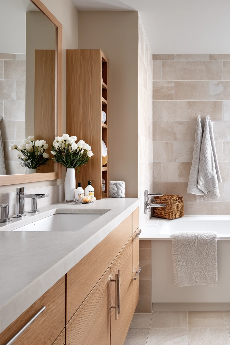 Soft Neutral Condo Bath With Everyday Mess