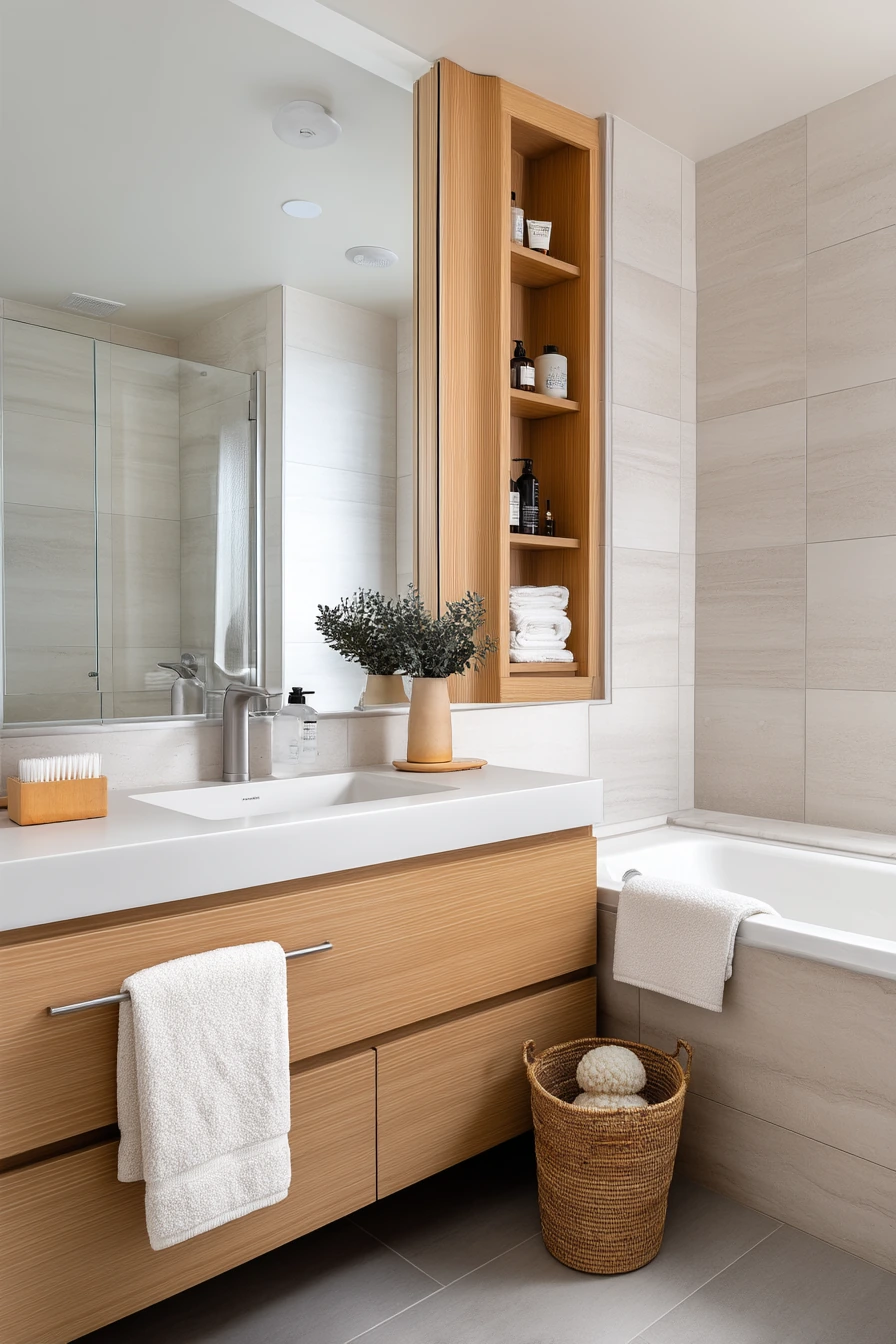 Soft Neutral Condo Bath With Everyday Mess