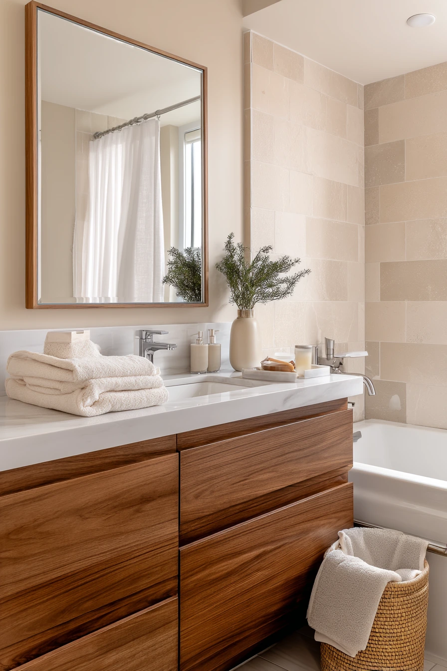 Soft Neutral Condo Bath With Everyday Mess