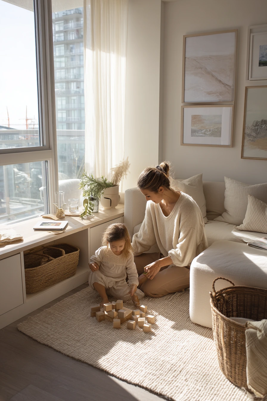 Sunlit Family Lounge with Soft Storage