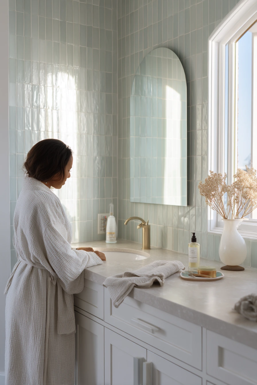 Pale Green Tile with Soft Gray Grout