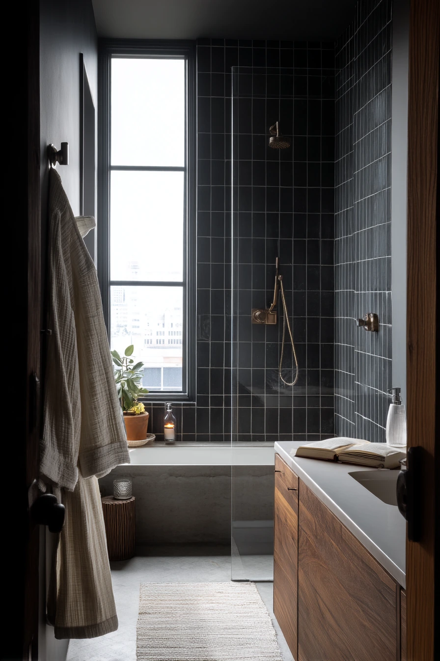 Moody Black Tile with Soft White Grout