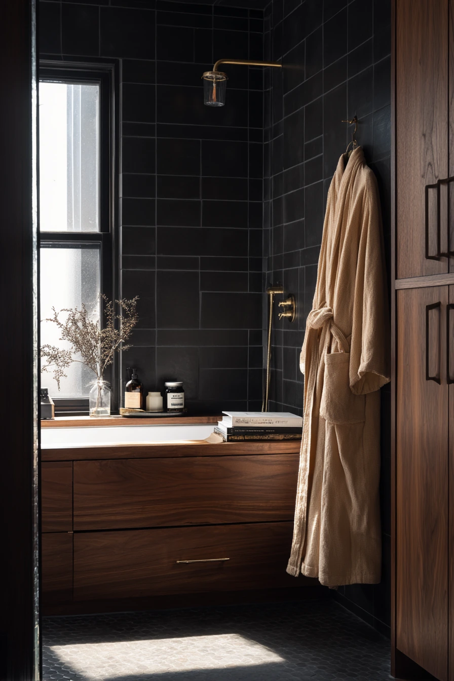 Moody Black Tile with Soft White Grout