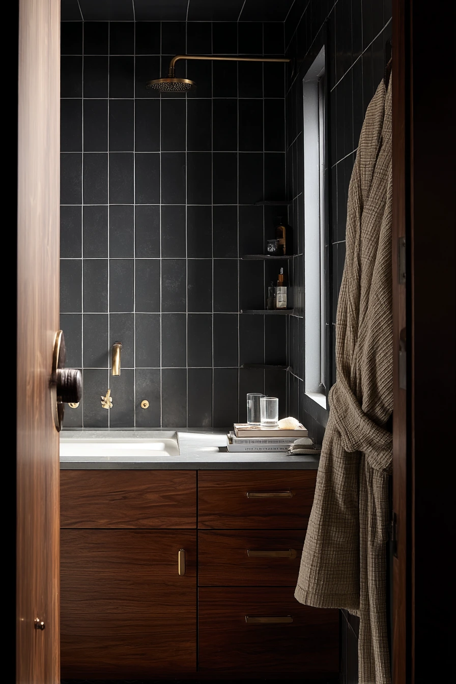 Moody Black Tile with Soft White Grout