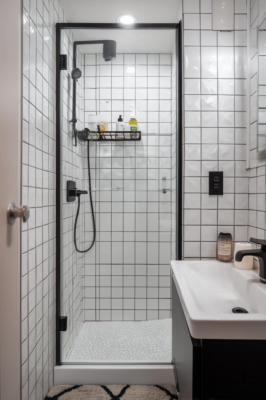 Small Apartment Shower with High-Contrast Grout