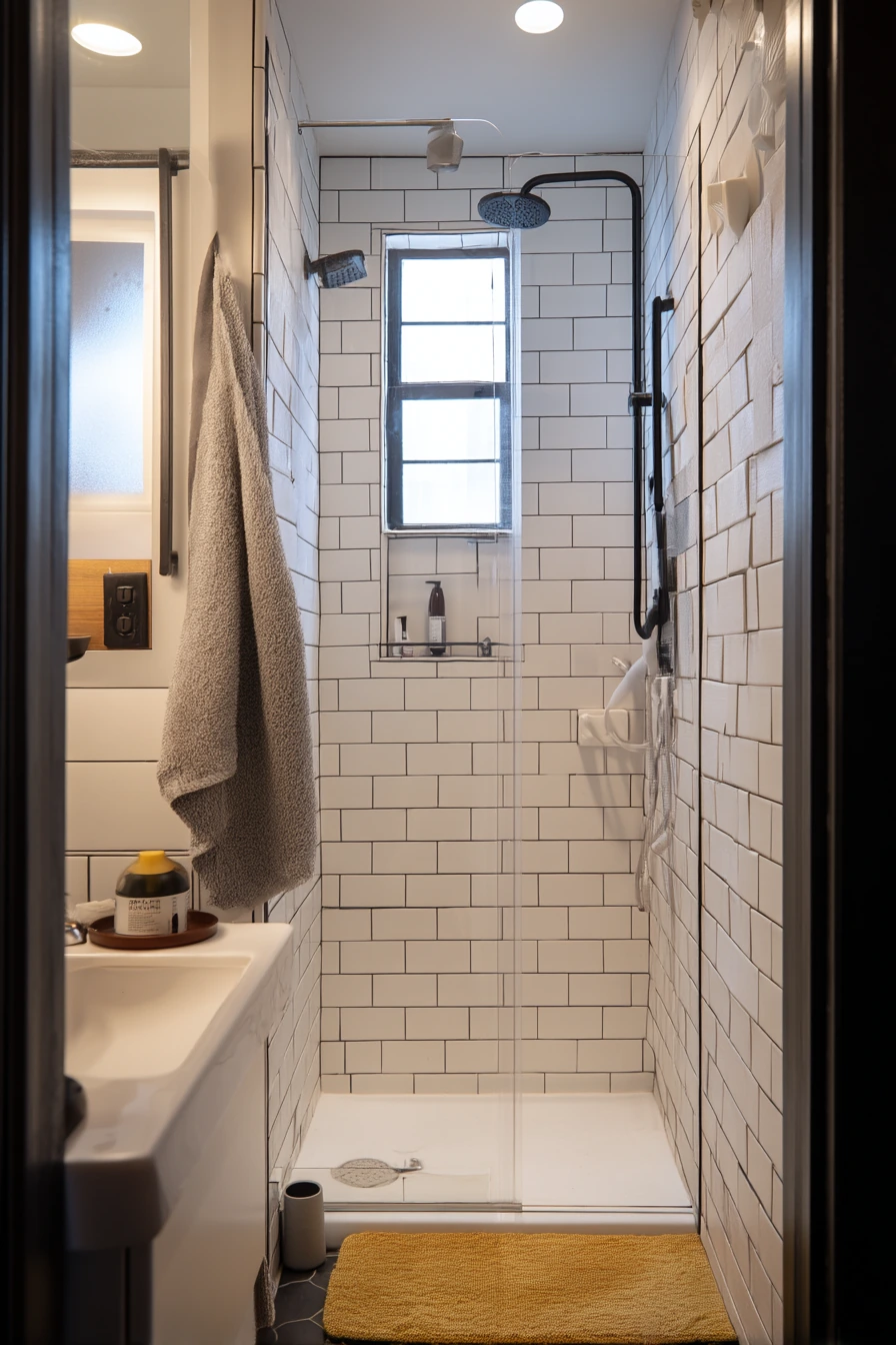 Small Apartment Shower with High-Contrast Grout
