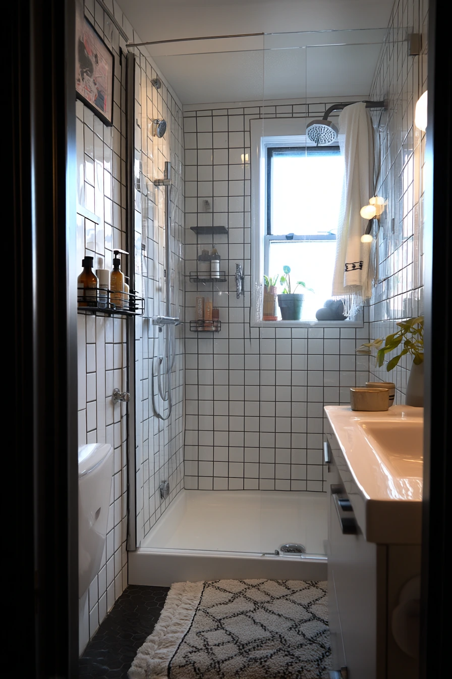 Small Apartment Shower with High-Contrast Grout