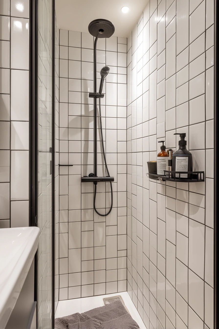 Small Apartment Shower with High-Contrast Grout