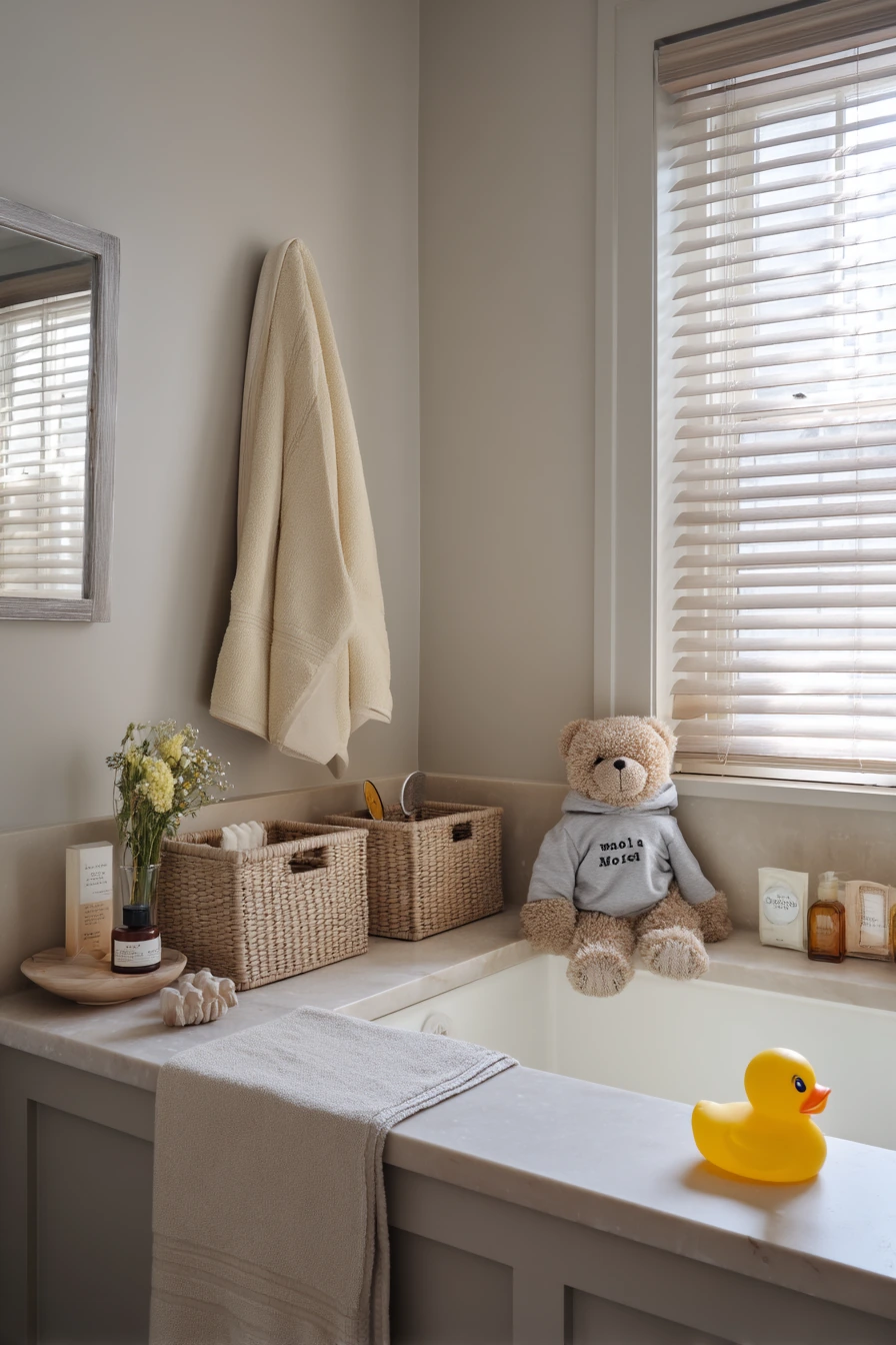 Neutral Bathroom with Kid-Friendly Storage