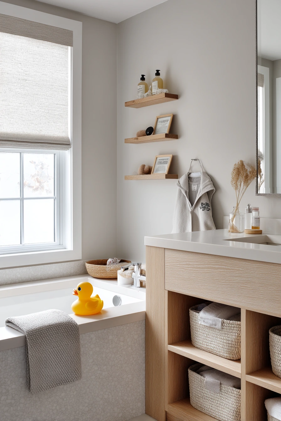 Neutral Bathroom with Kid-Friendly Storage