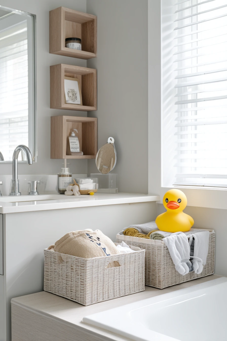 Neutral Bathroom with Kid-Friendly Storage