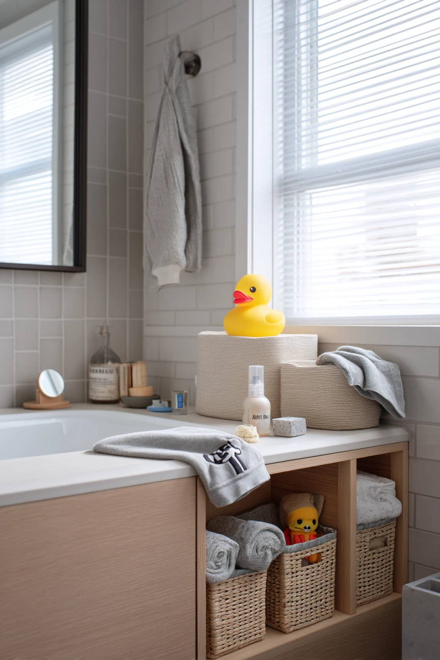 Neutral Bathroom with Kid-Friendly Storage