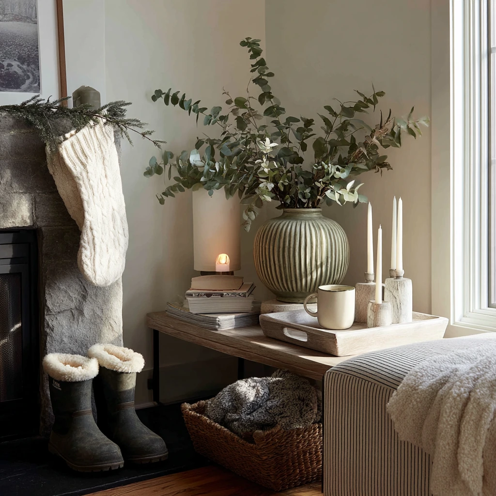 Winter Corner Fireplace Decor Moment