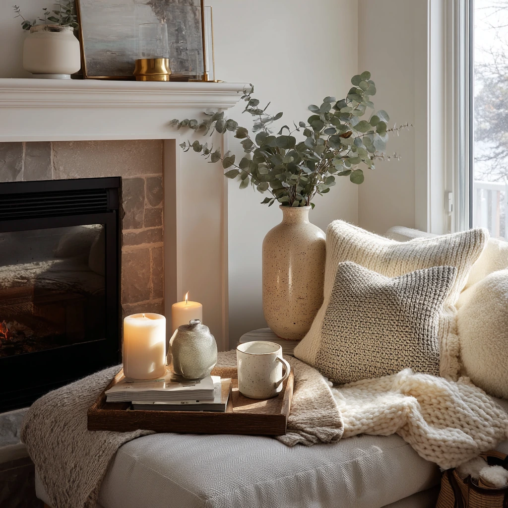 Winter Corner Fireplace Decor Moment