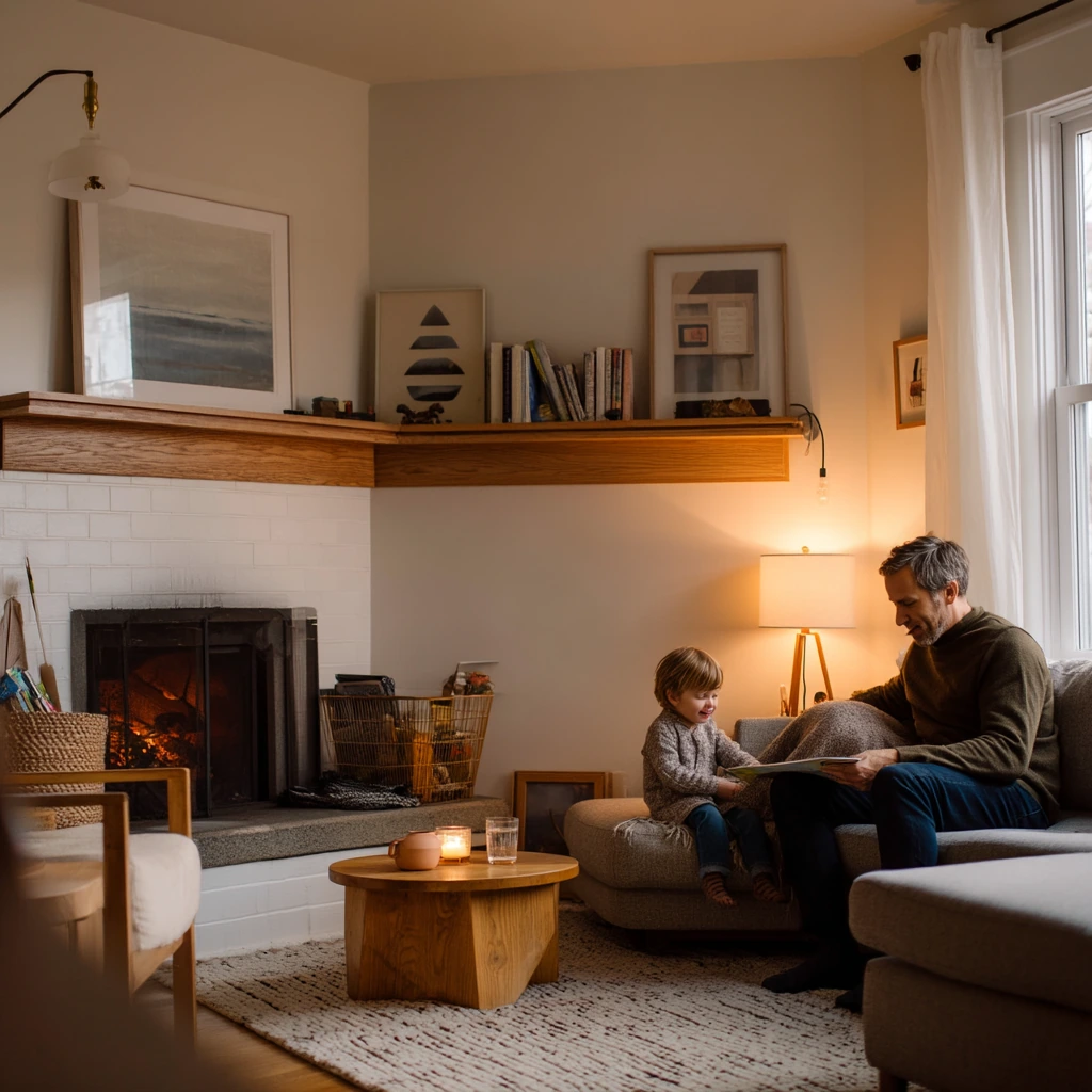 Family Room Corner Fireplace with Built-Ins