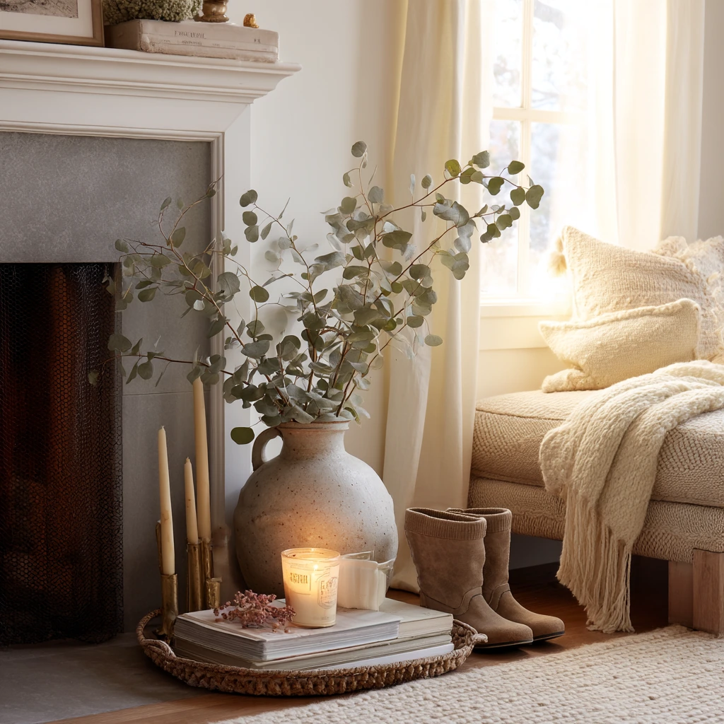 Winter Corner Fireplace Decor Moment