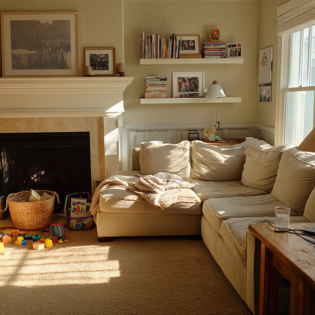 Family Room Corner Fireplace with Built-Ins