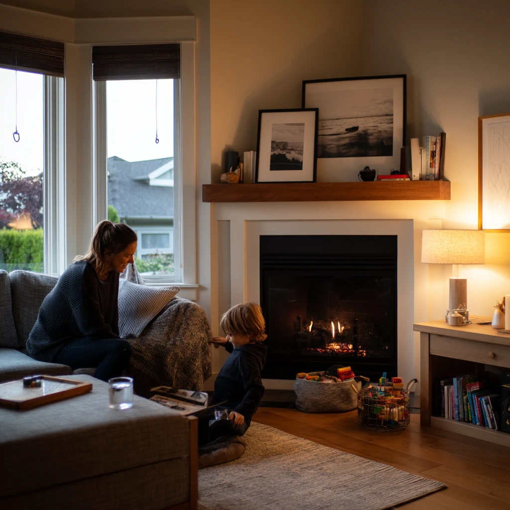 Family Room Corner Fireplace with Built-Ins
