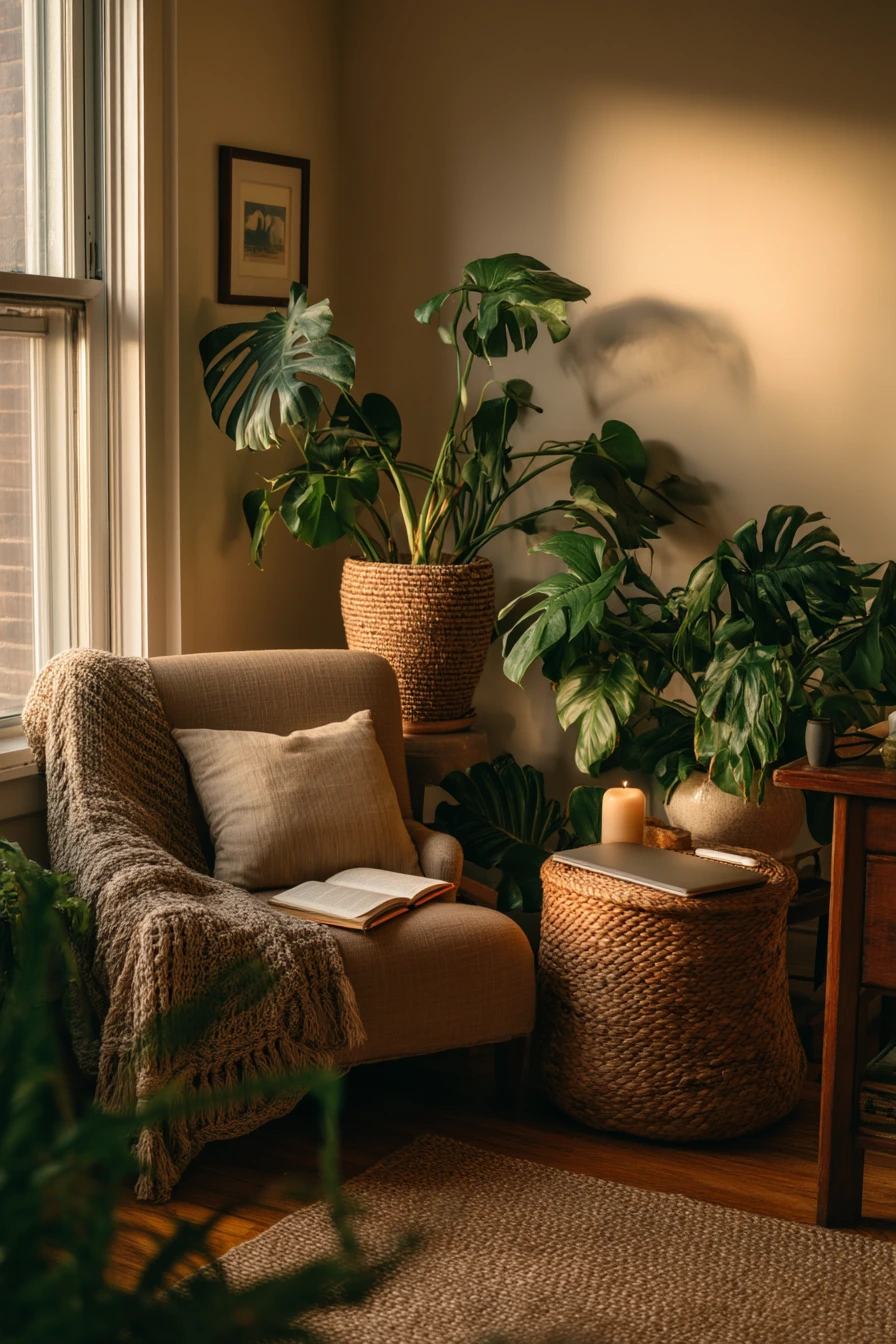 Apartment Living Room Corner with Tall Pots