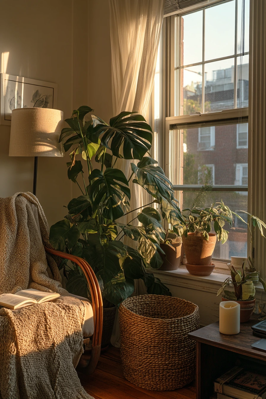 Apartment Living Room Corner with Tall Pots
