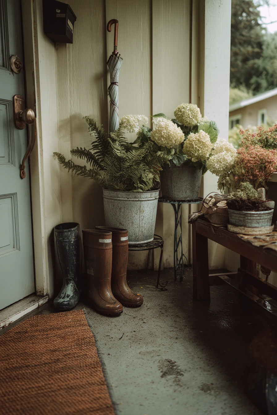 Rainy-Day Porch Corner with Sheltered Pots