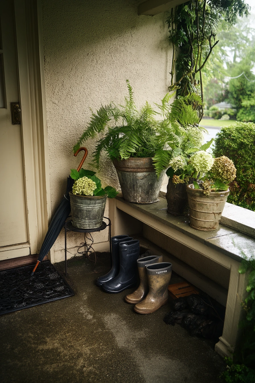 Rainy-Day Porch Corner with Sheltered Pots