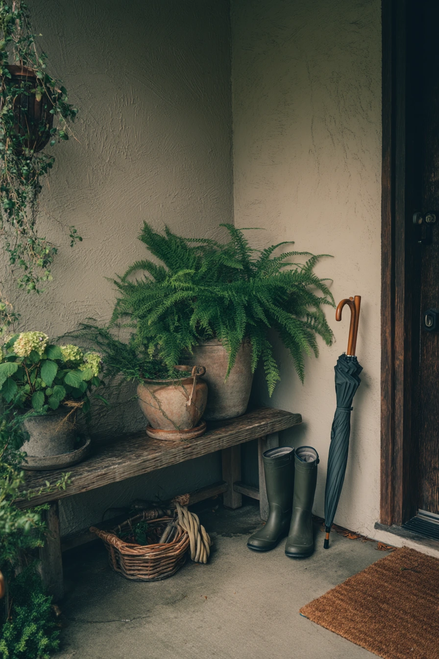 Rainy-Day Porch Corner with Sheltered Pots