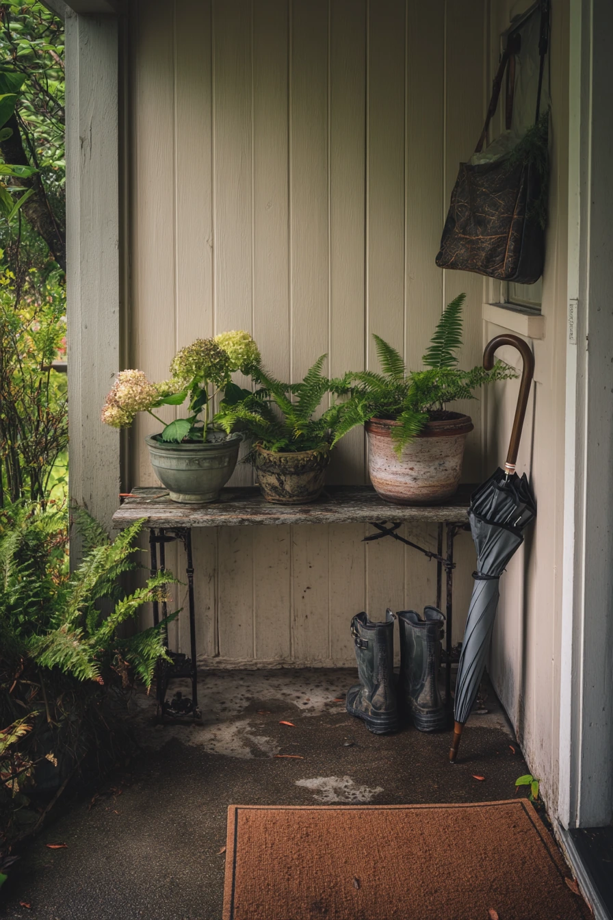 Rainy-Day Porch Corner with Sheltered Pots