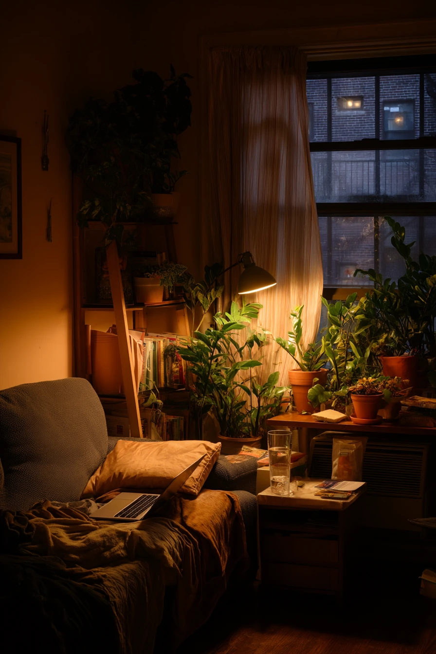 Warm Lamp Corner Garden in a Studio Apartment