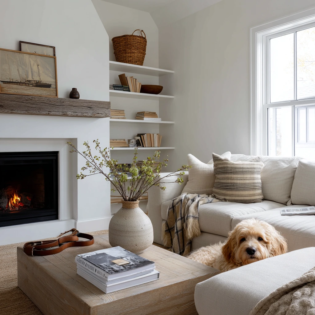 Modern Farmhouse Corner Fireplace with Layered Texture