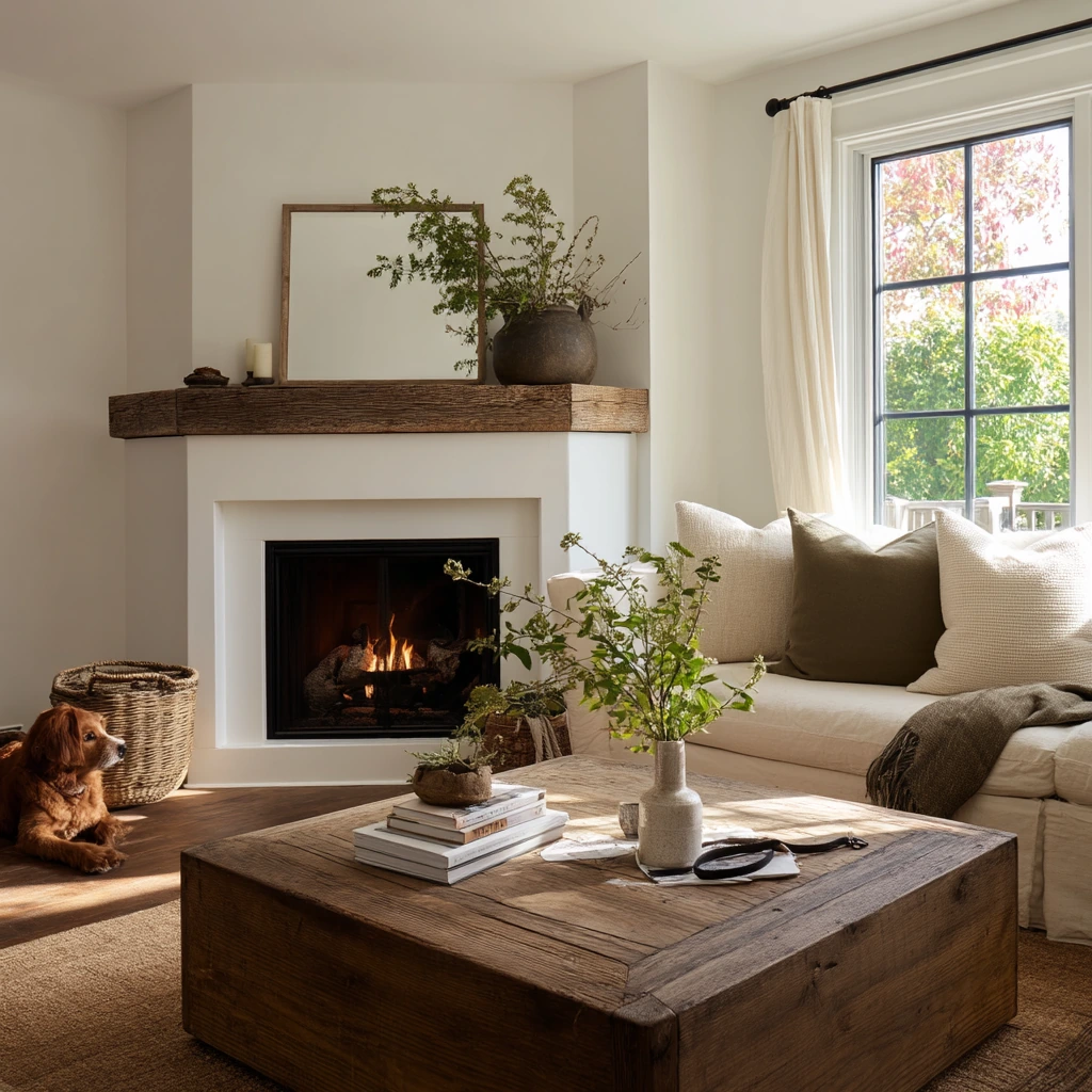 Modern Farmhouse Corner Fireplace with Layered Texture