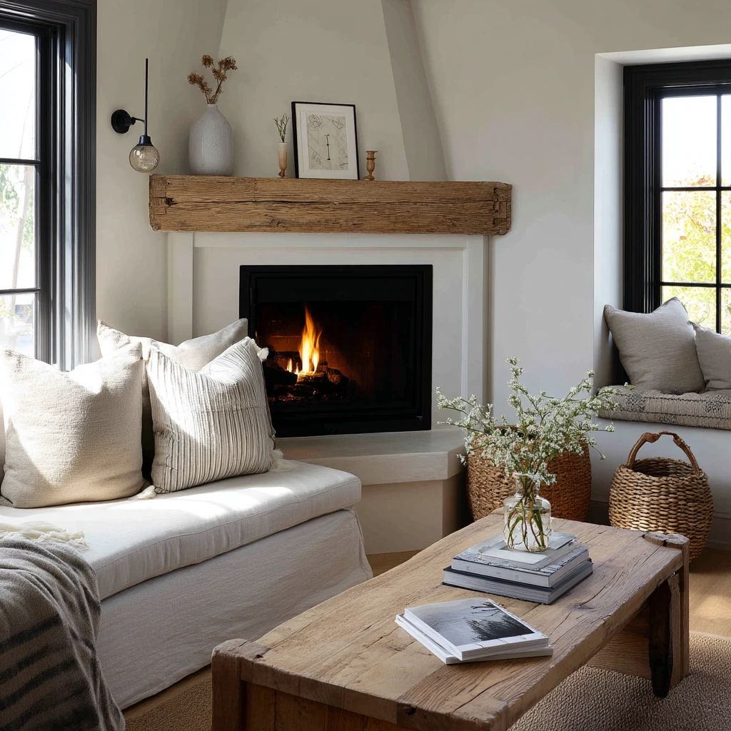 Modern Farmhouse Corner Fireplace with Layered Texture