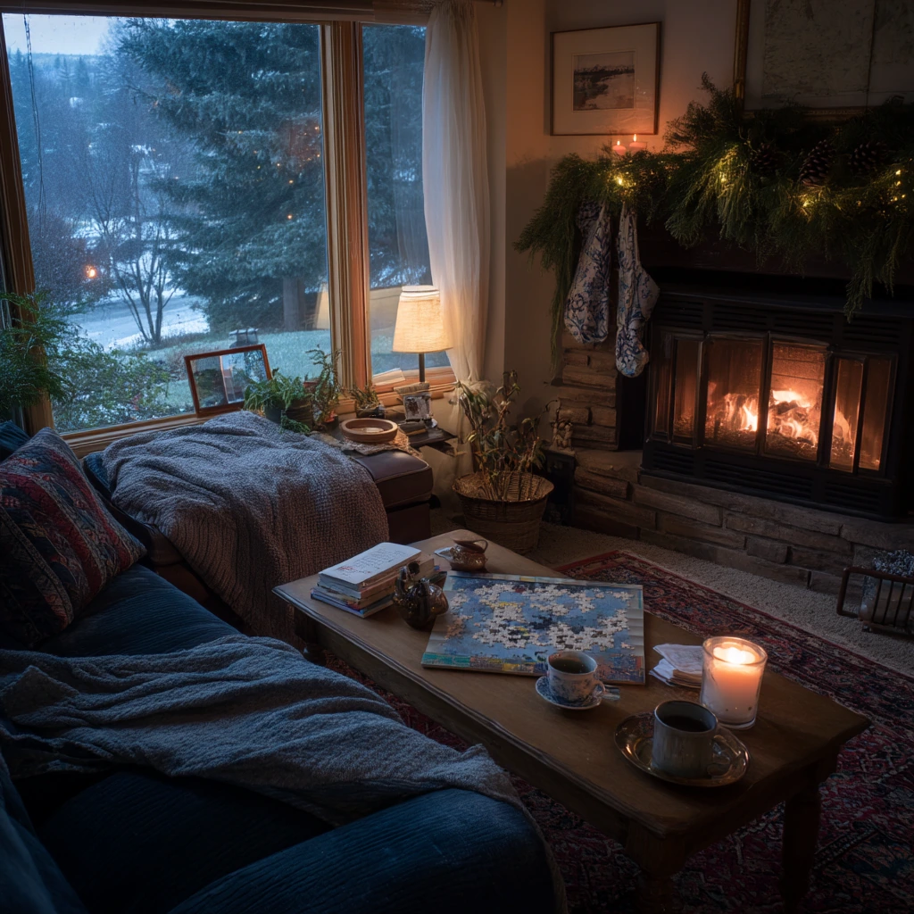 Cozy Winter Corner Fireplace with Seasonal Decor