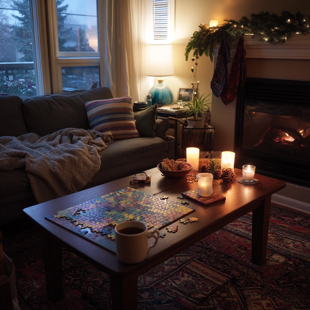 Cozy Winter Corner Fireplace with Seasonal Decor