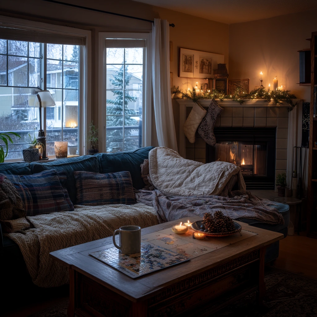 Cozy Winter Corner Fireplace with Seasonal Decor