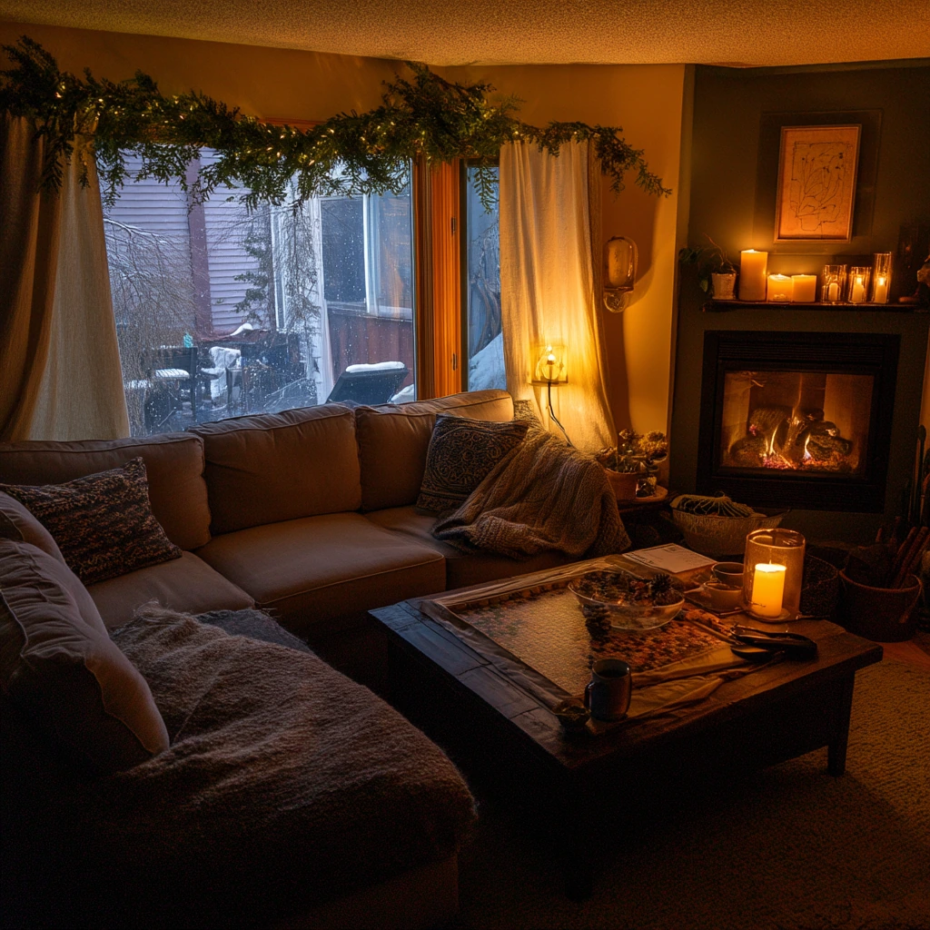 Cozy Winter Corner Fireplace with Seasonal Decor