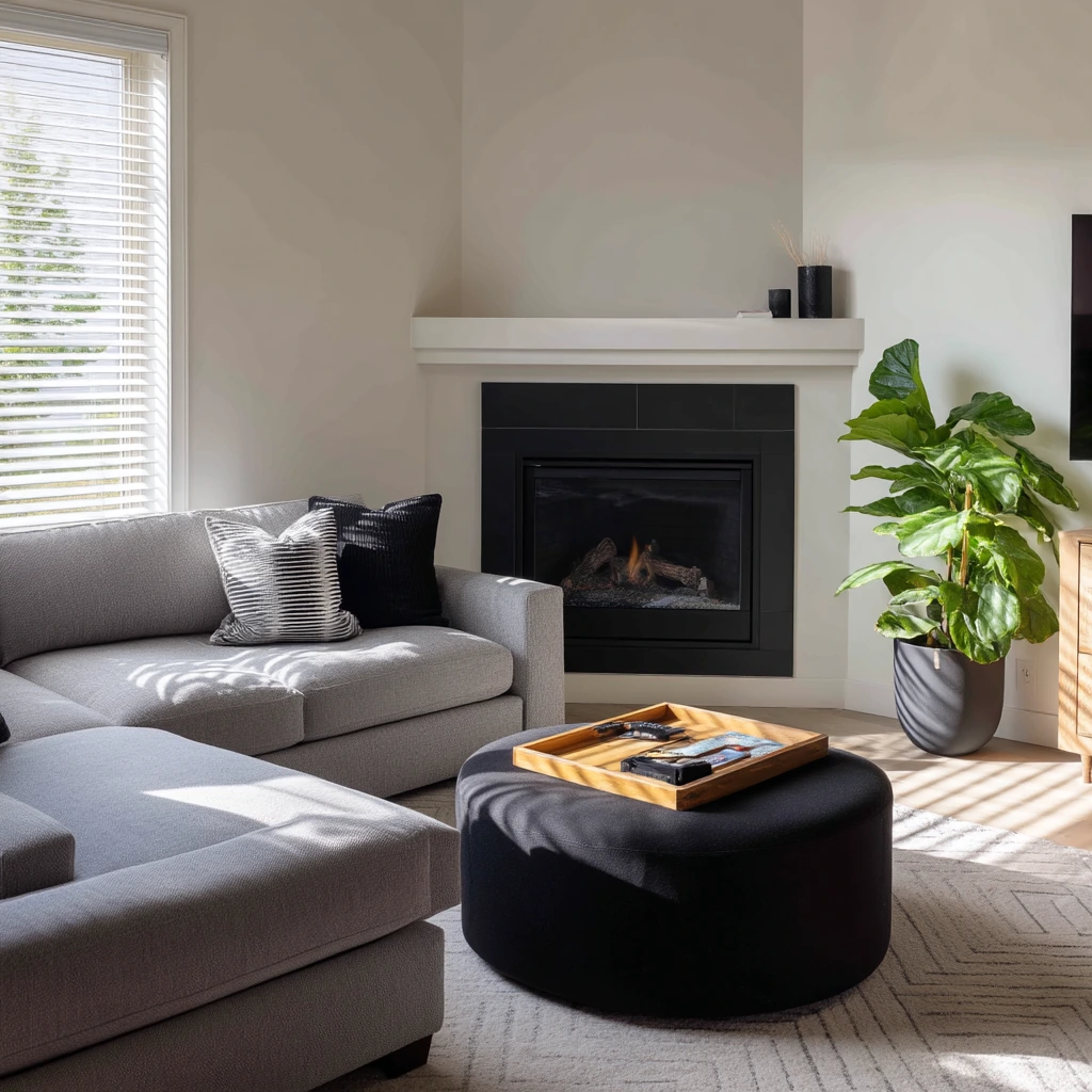 Contemporary Corner Fireplace in a Clean Family Home
