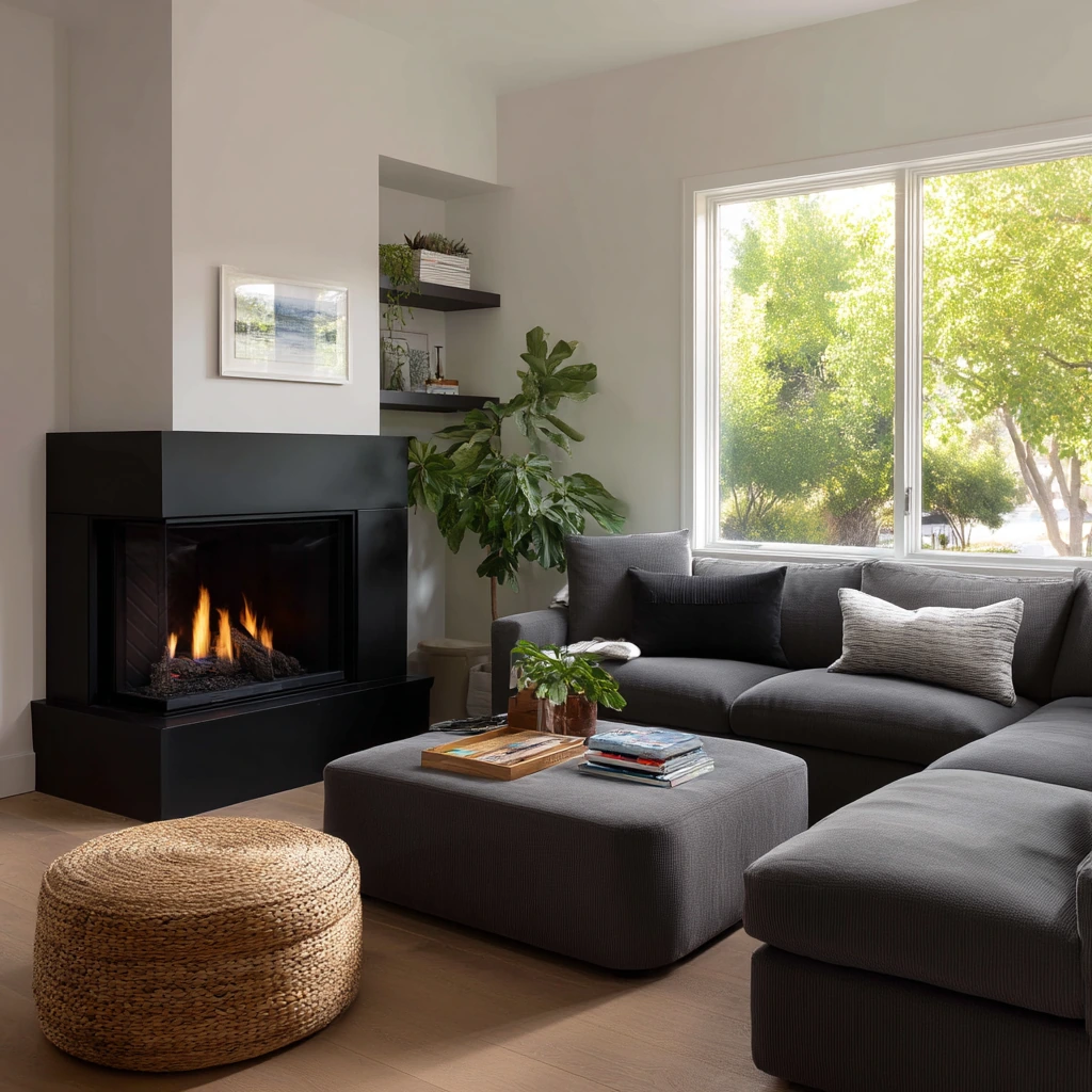 Contemporary Corner Fireplace in a Clean Family Home