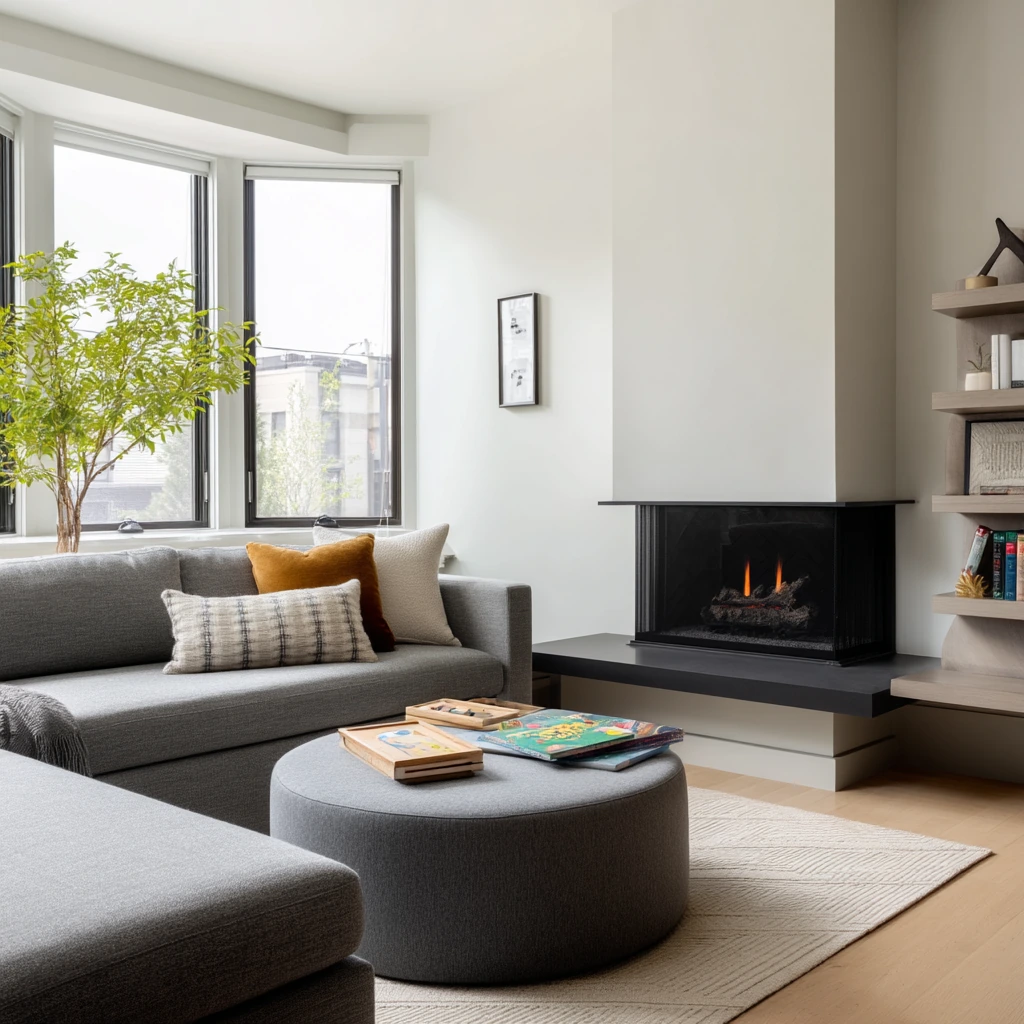 Contemporary Corner Fireplace in a Clean Family Home