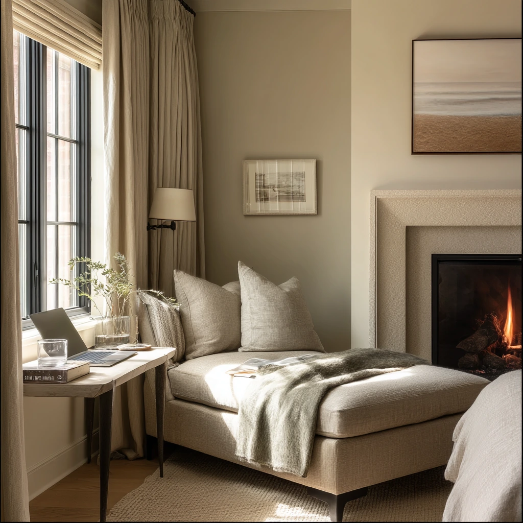 Primary Suite Sitting Area with Corner Fireplace