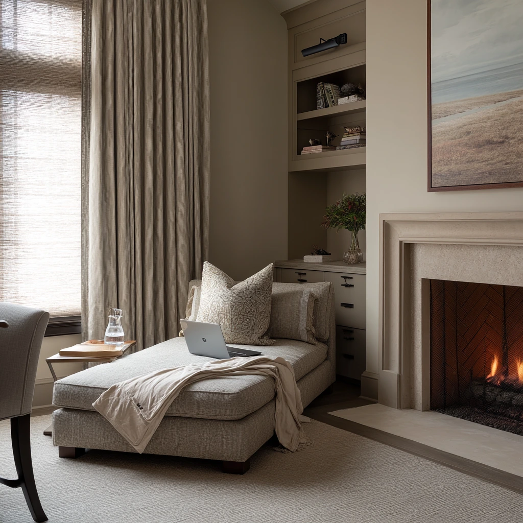 Primary Suite Sitting Area with Corner Fireplace