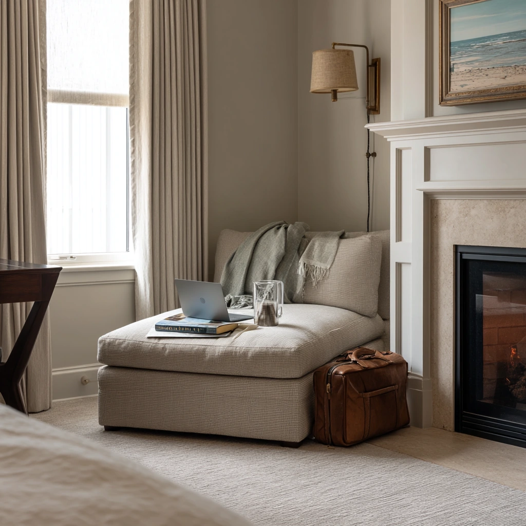 Primary Suite Sitting Area with Corner Fireplace