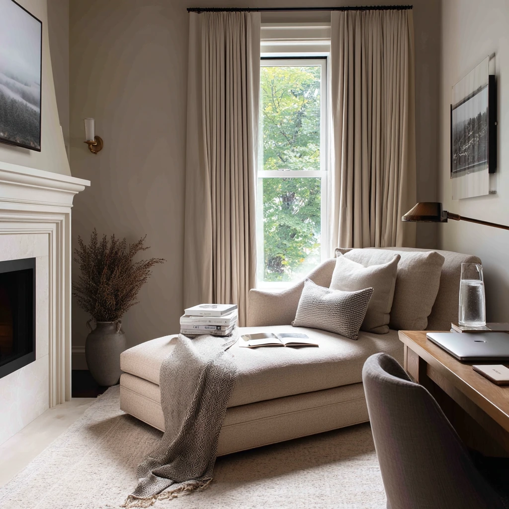 Primary Suite Sitting Area with Corner Fireplace