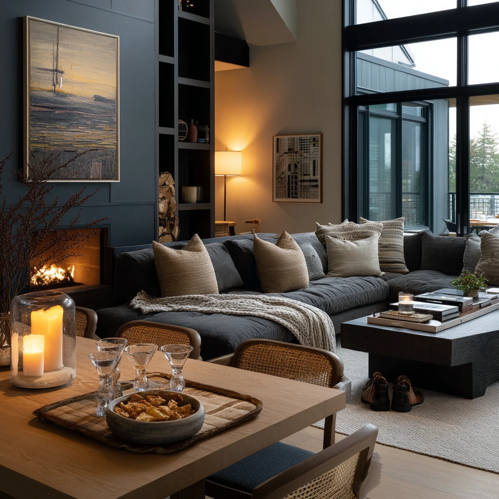 Entertaining Corner Fireplace in an Open-Plan Home