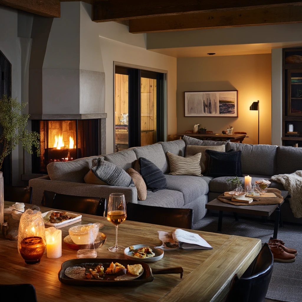 Entertaining Corner Fireplace in an Open-Plan Home