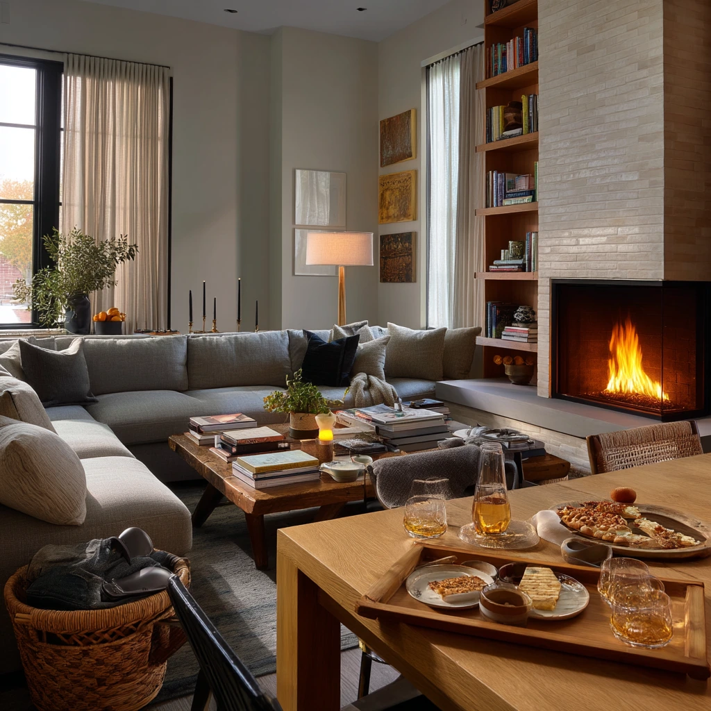 Entertaining Corner Fireplace in an Open-Plan Home